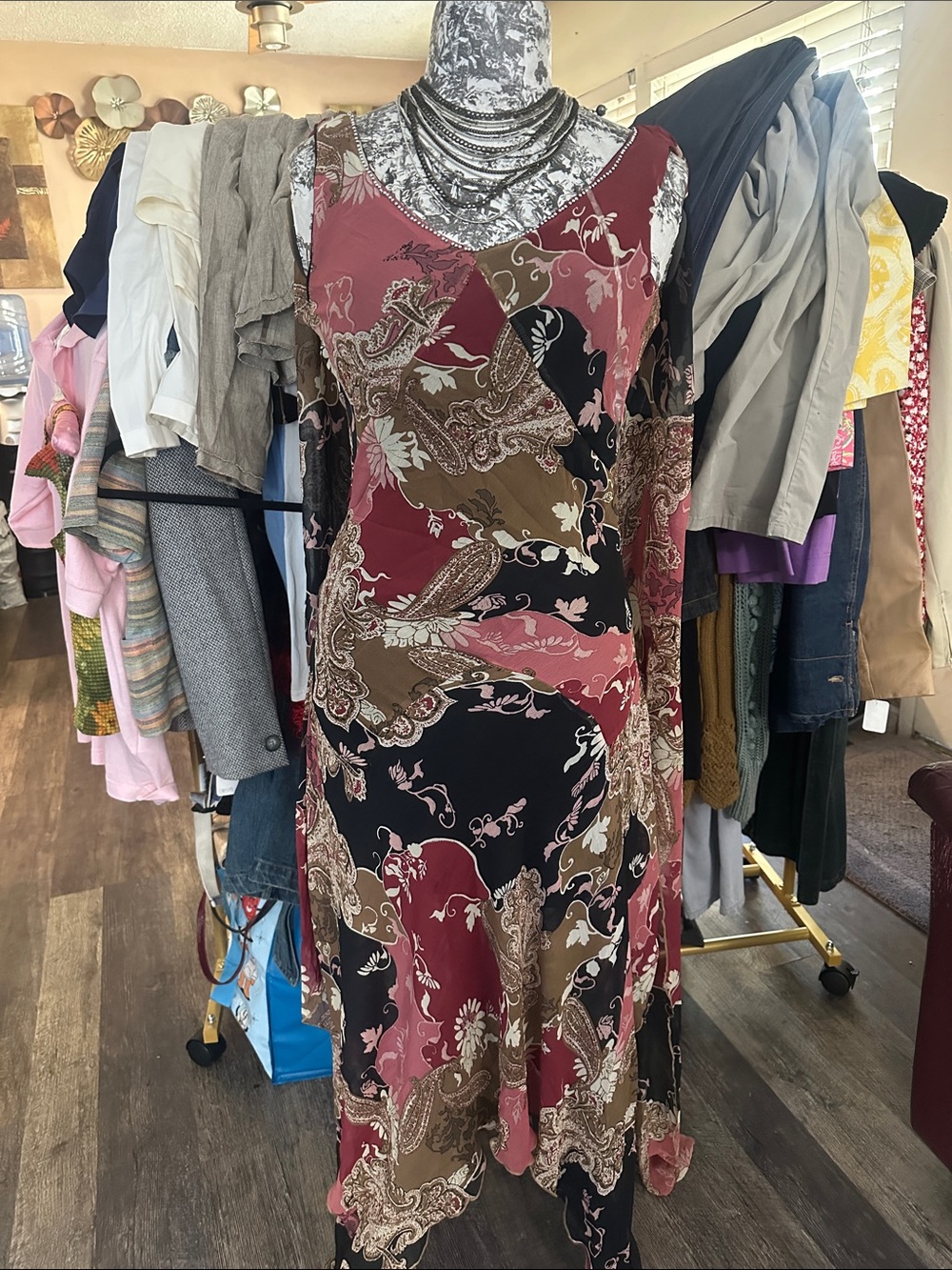 S&G Apparel Inc. Burgundy Black Brown Paisley Patchwork V-Neck Maxi Dress